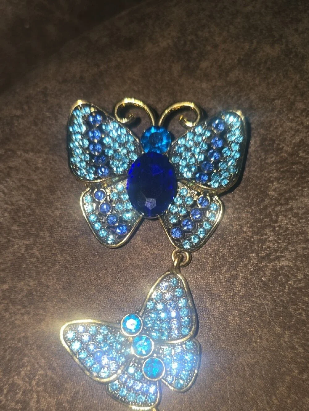 Vintage Style Triple Butterfly Drop Brooch Pin Blue Rhinestone Crystal Gold Tone